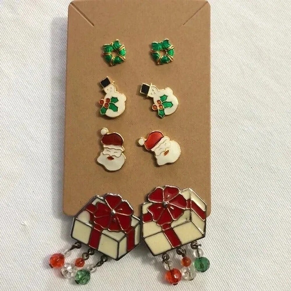 Enamel Vintage Holiday Earrings Pierced Set of 4